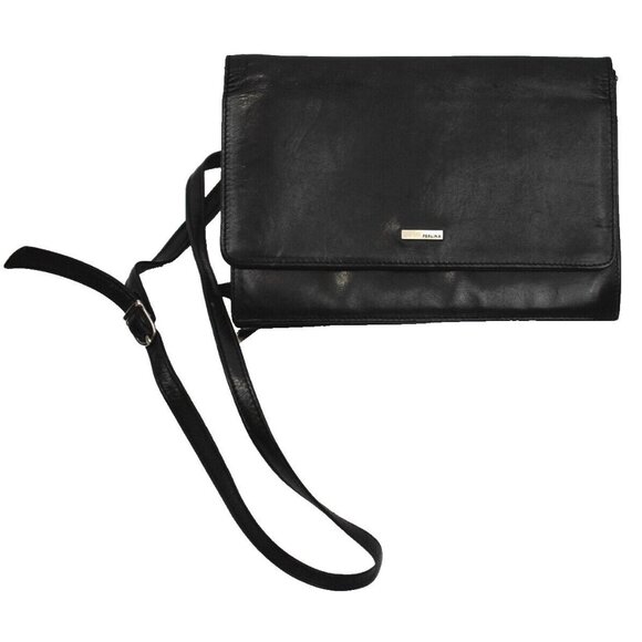 Vintage Perlina Soft Black Leather Crossbody Organizer Wallet Purse All-In-One - Picture 14 of 14